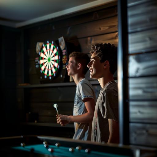 two youths laughing, enjoying playing darts in game room of a modern home, with empty black wood shelf, style raw, wide shot, heavy bokeh award winning lighting ,hyper photo realistic, dark --v 6.0