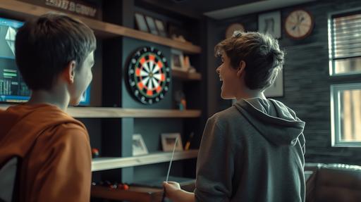 two youths one laughing, one amazed with wow face, enjoying playing darts on a round board, in game room of a modern home, top organized shelves with one empty black wood shelf, change focus to the front shelf, style raw, wide shot, 9:16 HD, heavy bokeh award winning lighting ,hyper photo realistic, dark, --ar 16:9 --v 6.0