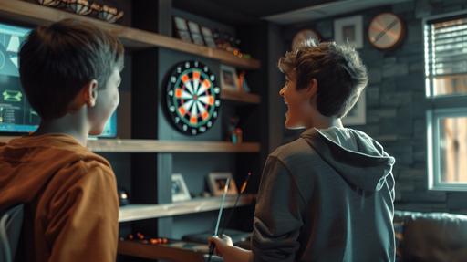 two youths one laughing, one amazed with wow face, enjoying playing darts on a round board, in game room of a modern home, top organized shelves with one empty black wood shelf, change focus to the front shelf, style raw, wide shot, 9:16 HD, heavy bokeh award winning lighting ,hyper photo realistic, dark, --ar 16:9 --v 6.0