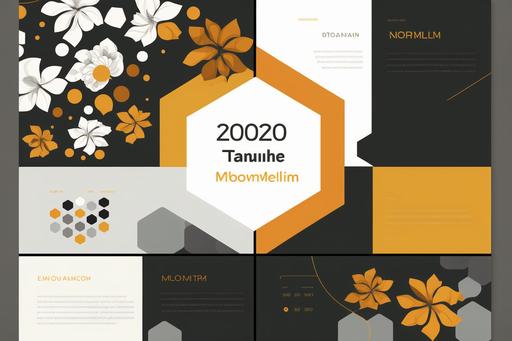 template for cover power point presentation A modern and stylish font using a color scheme (orange, white, black, gray, gold). Clean lines and modern shapes. Using squares and circles. Abstract puzzle-like shapes symbolizing interaction. Floral motifs and decorations to add a natural and warm atmosphere. New Year's mood . No text, only template --ar 3:2 --v 4