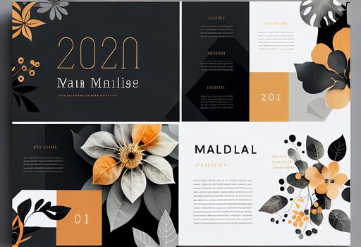 template for power point presentation A modern and stylish font using a color scheme (orange, white, black, gray, gold). Clean lines and modern shapes. Using squares and circles. Abstract puzzle-like shapes symbolizing interaction. Floral motifs and decorations to add a natural and warm atmosphere. New Year's mood --ar 3:2 --v 4