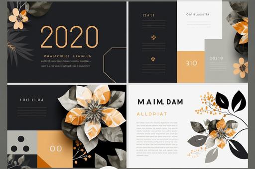 template for power point presentation A modern and stylish font using a color scheme (orange, white, black, gray, gold). Clean lines and modern shapes. Using squares and circles. Abstract puzzle-like shapes symbolizing interaction. Floral motifs and decorations to add a natural and warm atmosphere. New Year's mood --ar 3:2 --v 4