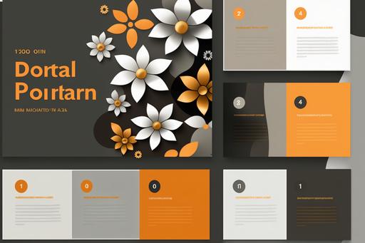 template for power point presentation A modern and stylish font using a color scheme (orange, white, black, gray, gold). Clean lines and modern shapes. Using squares and circles. Abstract puzzle-like shapes symbolizing interaction. Floral motifs and decorations to add a natural and warm atmosphere. New Year's mood . No text, only template --ar 3:2 --v 4