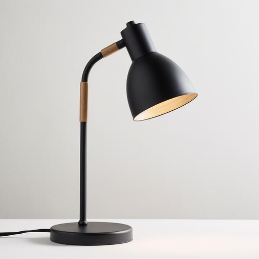 product image of a black desk lamp for a home office. One that looks great on a wooden desk, minimalist and modern style. White background and optimized for product detail page on ecommerce.
