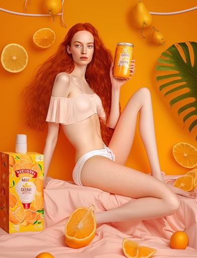 product photo for a juice brand featuring an incredibly attractive, alluring, flirty, redhead teen girl temptress, long legs, wide hips, skin showing, wet, tight sheer clothing 🍊 🍋 🍍 🍇 🍒 🍎 🧃 🥤 --ar 17:22 --q 5 --stylize 1000 --chaos 100