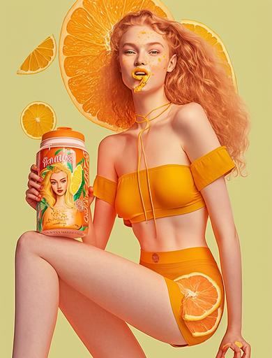product photo for a juice brand featuring an incredibly attractive, alluring, flirty, redhead teen girl temptress, long legs, wide hips, skin showing, wet, tight sheer clothing 🍊 🍋 🍍 🍇 🍒 🍎 🧃 🥤 --ar 17:22 --q 5 --stylize 1000 --chaos 100