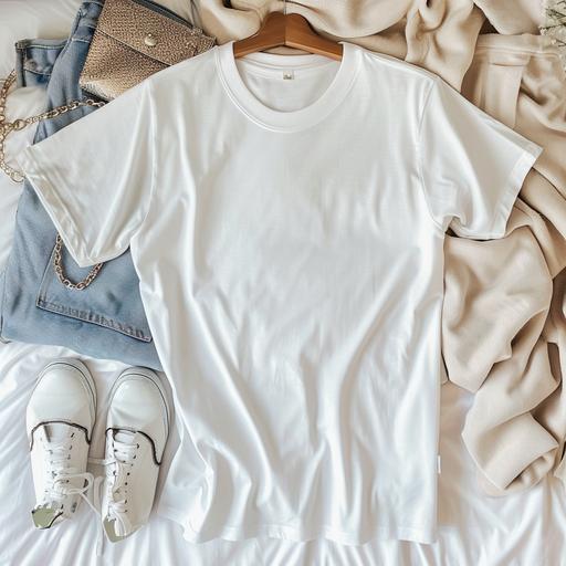 product photo for blank white Gildean 64000 t shirt on the bed with glitter, purse, shoes, and pants