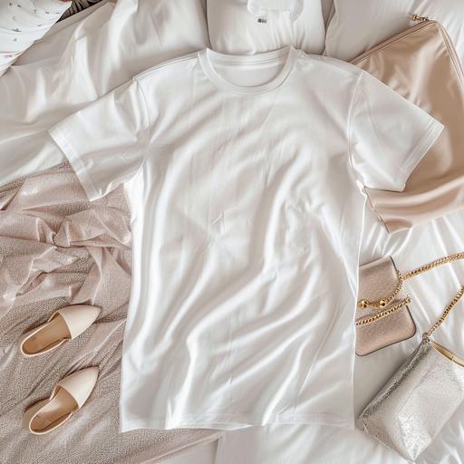 product photo for blank white Gildean 64000 t shirt on the bed with glitter, purse, shoes, and pants