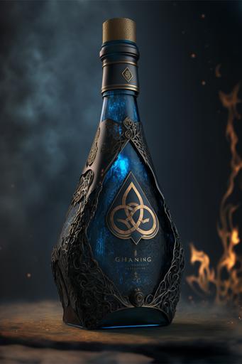 product photo, octane render, blue champagne bottle, illuminati logo, quantum minds society, steam rising, dramatic, enticing, dark, mysterious, intriguing, classy, high end, very expensive --ar 2:3 --q 2