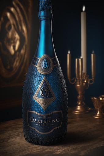 product photo, octane render, blue champagne bottle, illuminati logo, quantum minds society, steam rising, dramatic, enticing, dark, mysterious, intriguing, classy, high end, very expensive --ar 2:3 --q 2