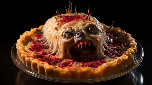 product photo of a a scary possum meat pie made out of Possum parts for Thanksgiving dinner, molecular gastronomy, neon uplight, in the style of NubisImmortalAiCreations, --ar 16:9