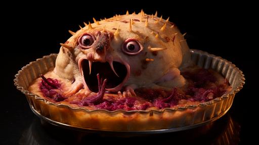 product photo of a a scary possum meat pie made out of Possum parts and meat niceky pkated for Thanksgiving dinner, molecular gastronomy, neon uplight, in the style of NubisImmortalAiCreations, --ar 16:9