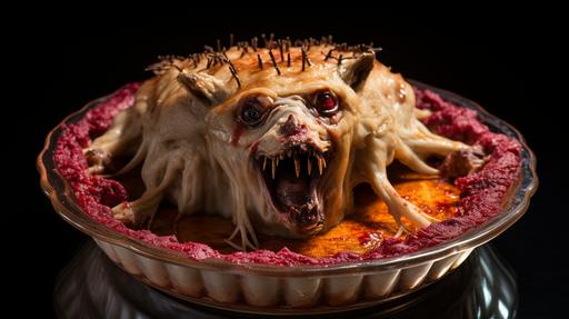 product photo of a a scary possum meat pie made out of Possum parts for Thanksgiving dinner, molecular gastronomy, neon uplight, in the style of NubisImmortalAiCreations, --ar 16:9