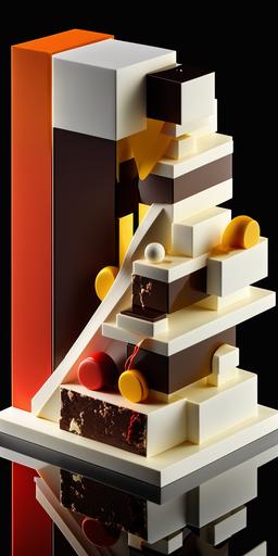 product photo of constructivist chocolate tower dessert, three-michelin star chocolatier, inspired by El Lissitzky, macrophotography, detail, commercial photography --ar 1:2 --v 4
