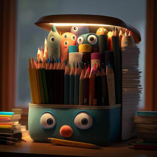 product photo, school supplies, color pencil box with multiple layers of pencils on desk, lamp on desk, pile of books on desk, doll big eyes seating on desk, light from behind, 4k