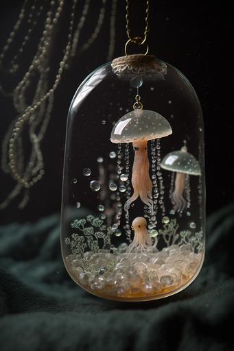 product photo very detailed, underwater transparent translucent, ghostly jellyfish pendant , glass beads, Swarovski, sequins, in the room, rain, --ar 2:3 --uplight --s 250