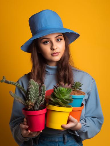 product photography medium shot of young hipster woman wearing gardening hat holding green potted succulent, blue yellow orange pink and red background --ar 3:4 --v 5