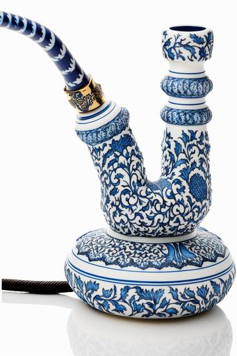 product photography of couture ceramic turkish hookah pipe with two hoses, dutch delftware pattern, thick soles, white background --ar 2:3 --v 4 --v 4
