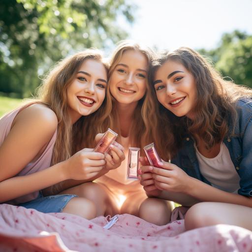 product photography, teens holding lip gloss tubes, summer theme, outdoors at a park, picnic blanket, natural lighting, warm summer vibes --s 50