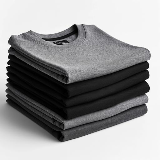 product photos of several folded and stacked grey melage men's t-shirts, round neck, short sleeves, white background --s 250 --v 6.0