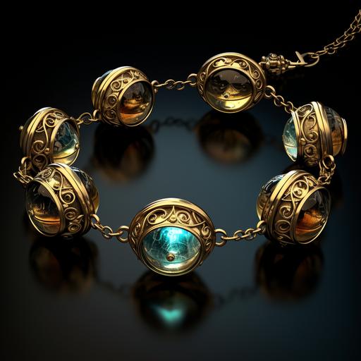 product picture, gold charm bracelet, 10 different magic, glowing , orbs, metal gold casing effects, fantasy style