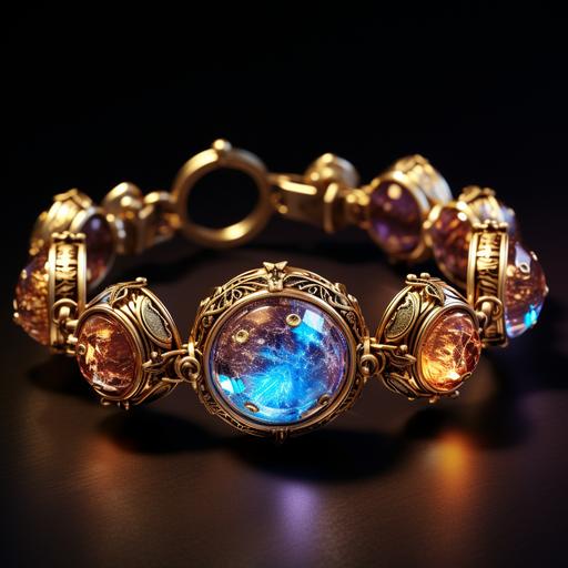 product picture, gold charm bracelet, 10 different magic, glowing , orbs, metal gold casing effects, fantasy style