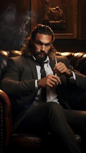 product shot of Jason Momoa in a suit and seated in a fancy sofa holding a metallic cigarete branding style photoshoot 4k, ultrarealistic , --ar 9:16