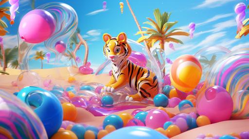 product shots of glossy shiny 🐯 candy over a cartoon beach background --s 50 --v 5.2 --ar 16:9