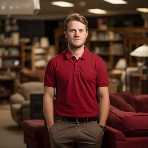 production still of a young male employee of a furniture shop, highly motivated, red polo shirt, standing next to an armchair, cinematic