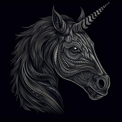 a pattern of a aggressive unicorn face stenciled in gray on a black background, fangs, dark and subdued, symmetric pattern, 2d, side view, line art, high resolution --v 5.0 --s 750