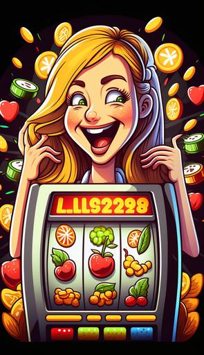 professional beautiful lady playing slot machine,slot machine include fruit logo,win so much money,holding a lot of money,so happy,cartoon style,cash and coin background --ar 9:16