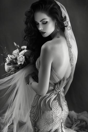 professional bridal photography, bride age 35 years, highly curvy feminine figure, brunette vampire undead bride wearing wedding dress made from loong dragon scales, tulle veil, holding a bouquet of flowers, style of monochrome black and white wedding photography, style of herb ritts --ar 2:3 --v 6.0 --s 350