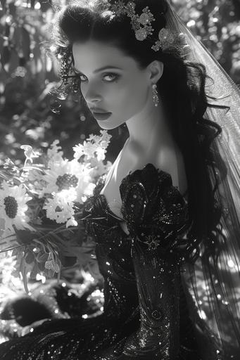 professional bridal photography, bride age 35 years, highly curvy feminine figure, brunette vampire undead bride wearing wedding dress made from loong dragon scales, tulle veil, holding a bouquet of flowers, style of monochrome black and white wedding photography, style of herb ritts --ar 2:3 --v 6.0 --s 350