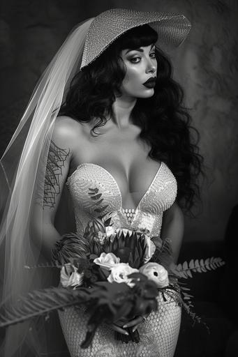 professional bridal photography, bride age 35 years, highly curvy feminine figure, brunette vampire undead bride wearing wedding dress made from loong dragon scales, tulle veil, holding a bouquet of flowers, style of monochrome black and white wedding photography, style of herb ritts --ar 2:3 --v 6.0 --s 101