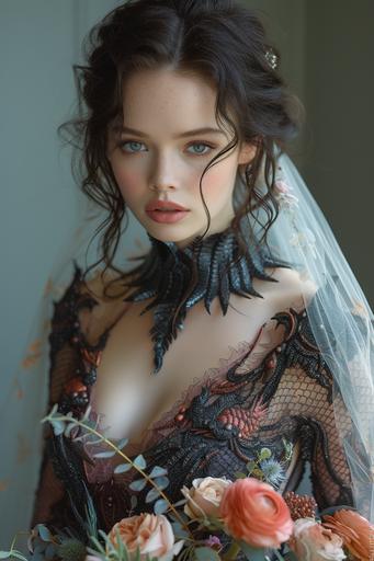 professional bridal photography, bride age 35 years, highly curvy feminine figure, brunette vampire undead bride wearing wedding dress made from loong dragon scales, tulle veil, holding a bouquet of flowers --ar 2:3 --v 6.0 --s 1000
