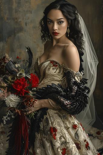 professional bridal photography, bride age 35 years, highly curvy feminine figure, brunette vampire undead bride wearing wedding dress made from loong dragon scales, tulle veil, holding a bouquet of flowers --ar 2:3 --v 6.0 --s 350