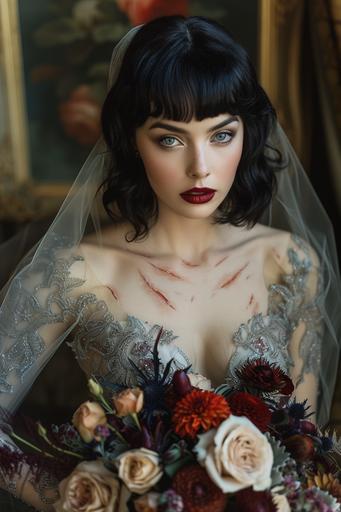 professional bridal photography, bride age 35 years, highly curvy feminine figure, brunette vampire undead bride wearing wedding dress made from loong dragon scales, tulle veil, holding a bouquet of flowers --ar 2:3 --v 6.0 --s 350