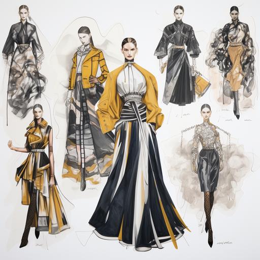 professional fashion sketches by Prada of a dark grey and gold and printed design of a garment fashion collection, white background