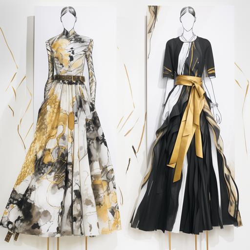 professional fashion sketches by Prada of a dark grey and gold and printed design of a garment fashion collection, white background