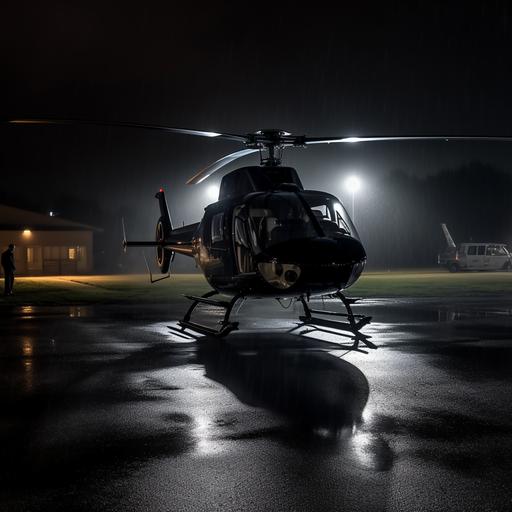 professional marketing photograph, at night, driving rain, black airbus ach130 helicopter, luxury, charter, modern, state of the art, helicopter blades, spinning, ready to take off, pilot inside, people about to enter the helicopter, landing pad, at private residence, lights on inside the cockpit, light glow, volumetric, moody, strong wind, extreme wether, hyper detail, ultra realistic, cinematic, movie still, cinema, Arri, Red, colour grading, fujifilm superia, 8k, rim light — ar 16:9 --v 5