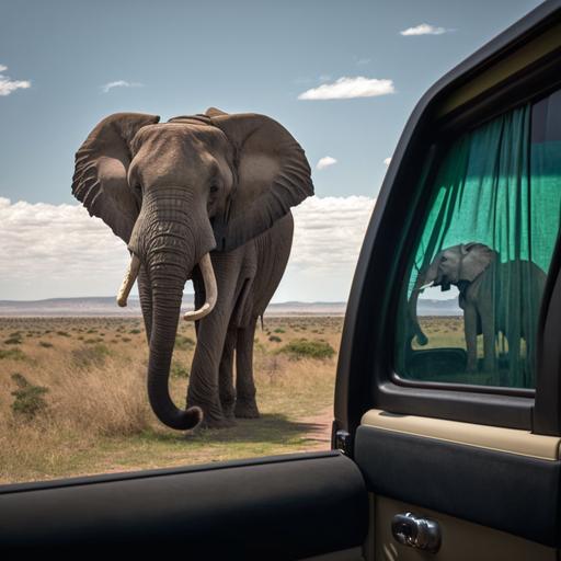 professional photograph, taken from a safari's car, of an african elephant following a lion at the Maasai Mara National Park 4k ultrahd 3:4 --v 4