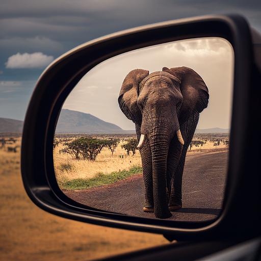 professional photograph, taken from a safari's car through the mirror, of an african elephant holding a stick at the Maasai Mara National Park 4k ultrahd 3:4 --v 4