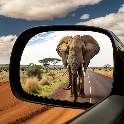 professional photograph, taken from a safari's car through the mirror, of an african elephant following a lion at the Maasai Mara National Park 4k ultrahd 3:4 --v 4