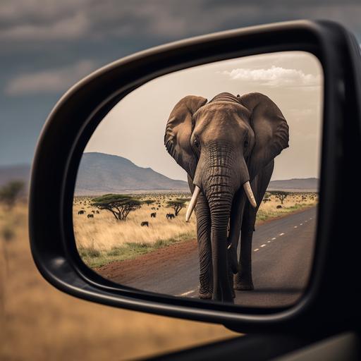 professional photograph, taken from a safari's car through the mirror, of an african elephant holding a stick at the Maasai Mara National Park 4k ultrahd 3:4 --v 4