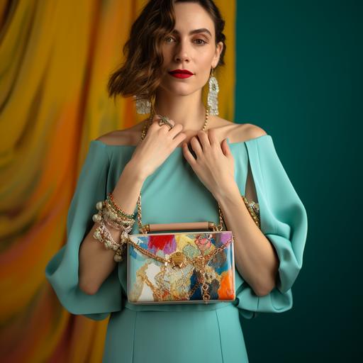 professional photoshoot, frame centered in two neat woman hands holding a designer maxi bag, with gold rings, colorful earthy bracelets, blured bright background, blueish clothing