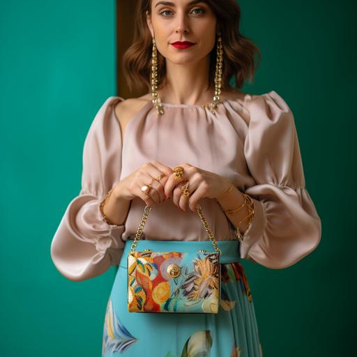 professional photoshoot, frame centered in two neat woman hands holding a designer maxi bag, with gold rings, colorful earthy bracelets, blured bright background, blueish clothing