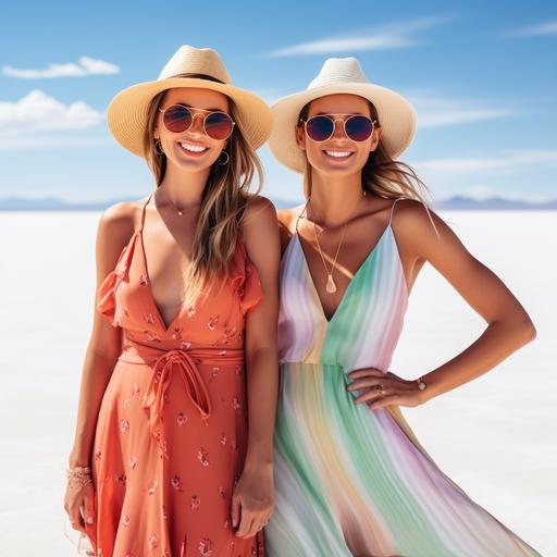 professional photoshoot of a day lunch in Bolivian salt flats, with stylish girlfriends, colorful maxidresses, hats and sunglasses, blured background