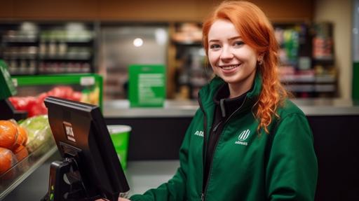 professional portrait of 25 yo woman working at grocery store as a cashier. Apperance: full body shown, beautiful slender, red hair 25–30 cm, light flirting smile, plump lips, freckled face. Clothes: green zip-up fleece jacket with pink inserts on the shoulders and gray inserts on the sleeves from the elbow. Resolution: cinematic lights, 32k made using a Canon EOS 5D Mark III with a YONGNUO YN 14 mm, shot must be captured with a very high quality of details, facial features and anatomically forms. --ar 16:9 --s 750 --v 5