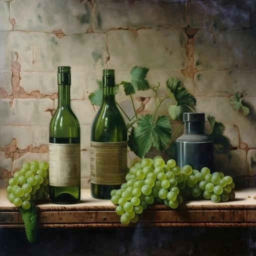 professional trompe l'oeil painting of a still life, green bottles and grapes, painted on a crackling wall --v 5.1 --s 250 --q 2