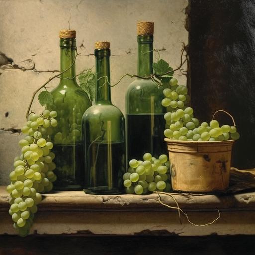 professional trompe l'oeil painting of a still life, green bottles and grapes, painted on a crackling wall --v 5.1 --s 250 --q 2